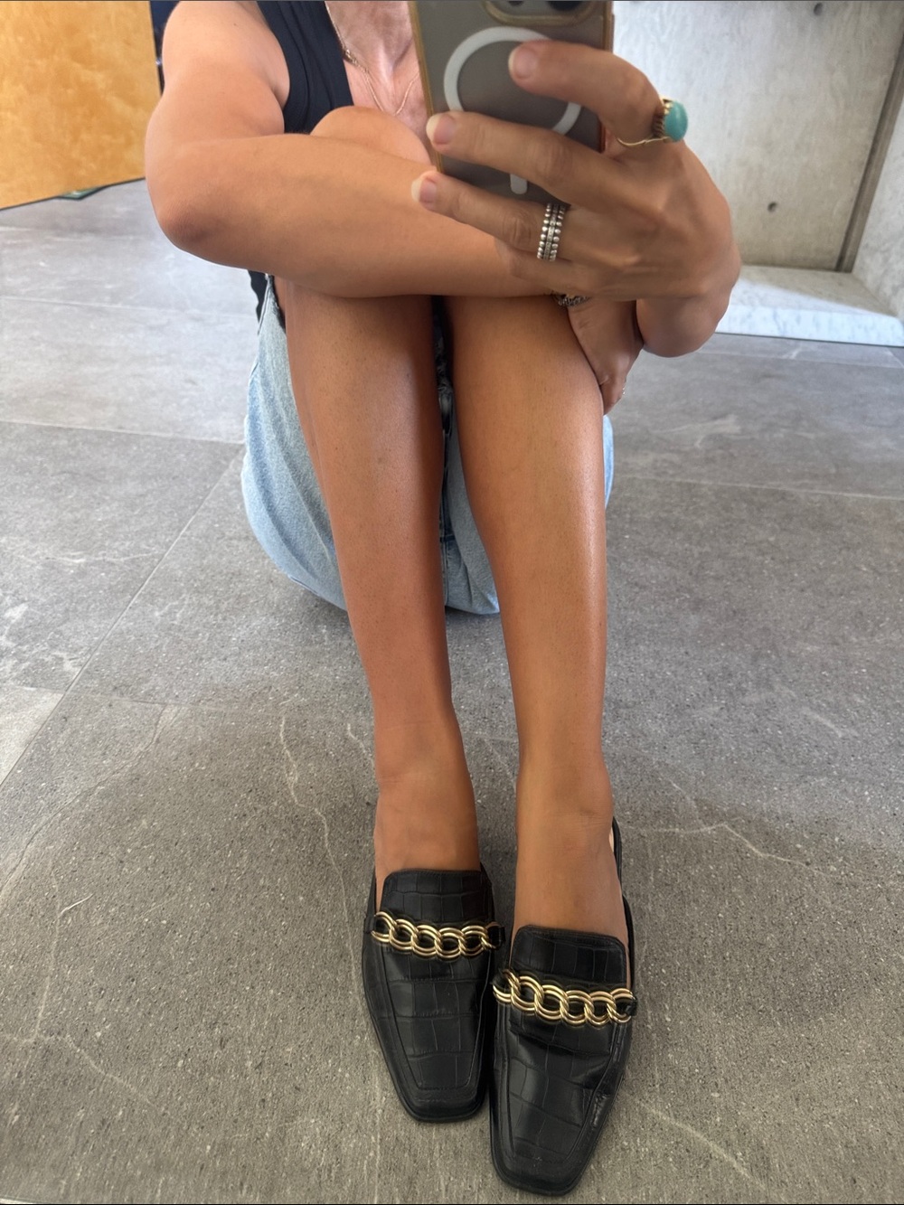 Vince Camuto Black Croc-Embossed Leather Chain-Trim Mules